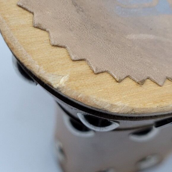 Vintage Tan Leather Wooden Platform Sandals Sz 7 Studded Open Toe Heel Brazil - Picture 11 of 16